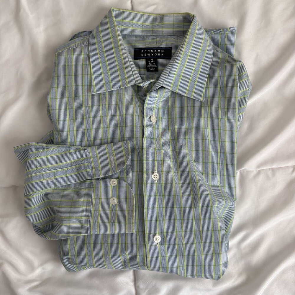 Bergamo New York Blue Green Check Long Sleeve Button Up Party 15-15.5/32-33